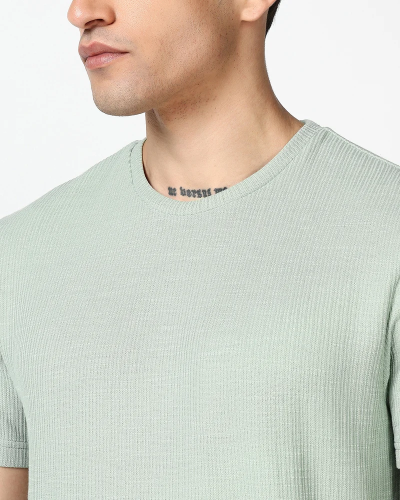 بيواكوف Men's Pale Green Textured T-shirt